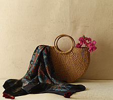 Neelanjana . नीलांजना ~ Ajrakh Flower Printed - Square Modal Silk Scarf