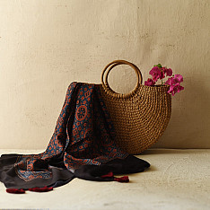 Neelanjana . नीलांजना ~ Red & Blue Ajrakh Block Printed - Square Modal Silk Scarf