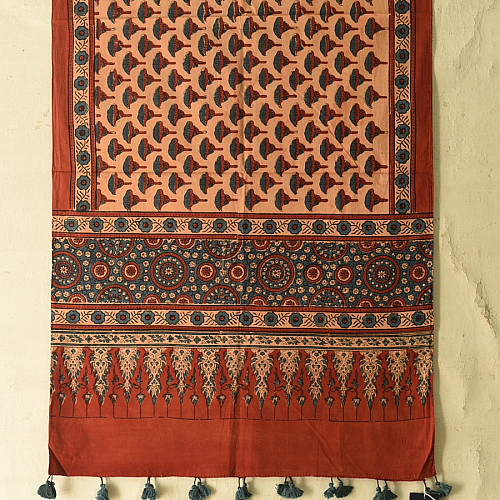 Green - Block Print Mul Cotton Ajrakh Stole With Tassels 23