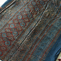 Shruti | Ajrakh Modal Silk Saree - Red & Blue Prints