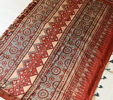 Ajrakh Mulberry Silk Saree - Flower Block Prints