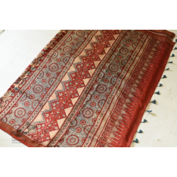 Ajrakh Mulberry Silk Saree - Flower Block Prints