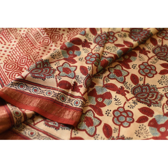 shop Ajrakh Ajrakh Mulberry Silk SareeAjrakh Mulberry Silk Saree - Flower Block Prints