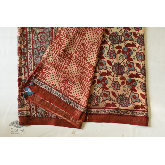 shop Ajrakh Ajrakh Mulberry Silk SareeAjrakh Mulberry Silk Saree - Flower Block Prints