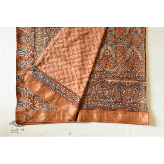 shop Natural Dyed Mulberry Silk Saree With Ajrakh Block Prints