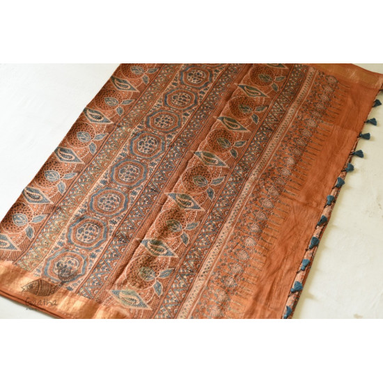 shop Natural Dyed Mulberry Silk Saree With Ajrakh Block Prints