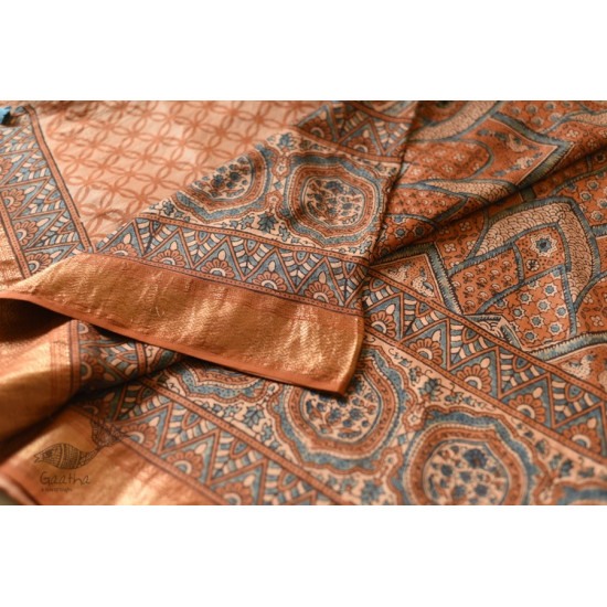 shop Natural Dyed Mulberry Silk Saree With Ajrakh Block Prints