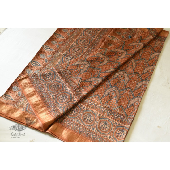 shop Natural Dyed Mulberry Silk Saree With Ajrakh Block Prints