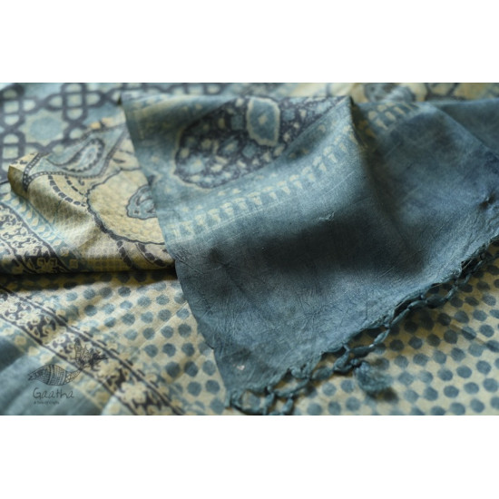 shop Ajrakh Tussar Silk Saree with Natural Dyed Indigo