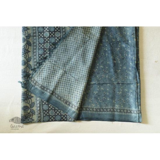 shop Ajrakh Tussar Silk Saree with Natural Dyed Indigo