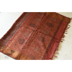 Ajrakh Tussar Silk Saree with Natural Dyed - Zari Border