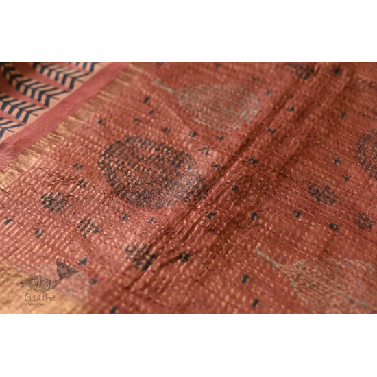 shop Ajrakh Tussar Silk Saree with Natural Dyed - Zari Border