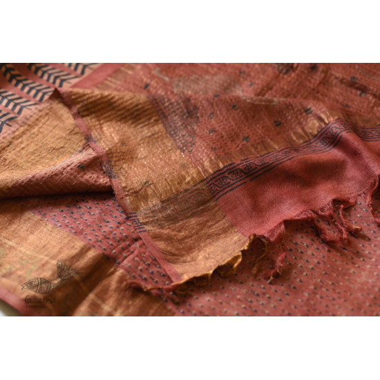 shop Ajrakh Tussar Silk Saree with Natural Dyed - Zari Border