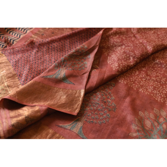 shop Ajrakh Tussar Silk Saree with Natural Dyed - Zari Border