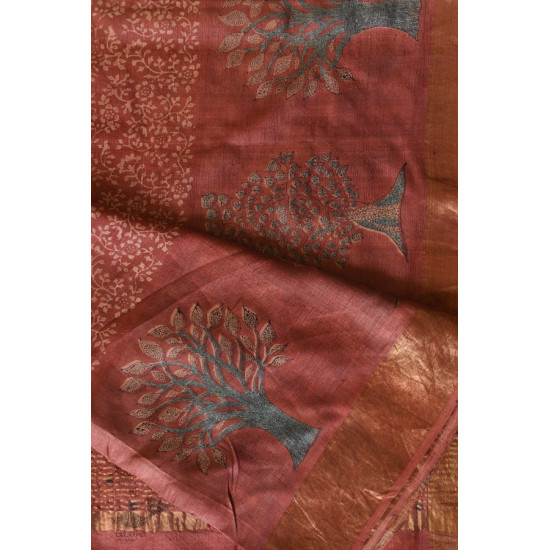 shop Ajrakh Tussar Silk Saree with Natural Dyed - Zari Border