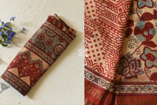 Ajrakh Mulberry Silk Saree - Flower Block Prints