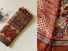 Ajrakh Mulberry Silk Saree - Flower Block Prints