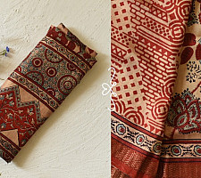 Ajrakh Mulberry Silk Saree - Flower Block Prints