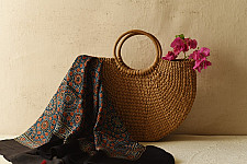 Neelanjana . नीलांजना ~ Ajrakh Block Printed - Square Modal Silk Scarf - A