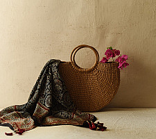 Neelanjana . नीलांजना ~ Ajrakh Black Square Modal Silk Scarf