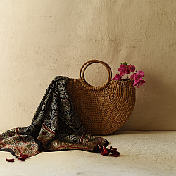 Neelanjana . नीलांजना ~ Ajrakh Black Square Modal Silk Scarf