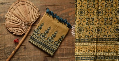 Sakhi . सखी | Mul Cotton / Soft Cotton Dupatta - Ajrakh Printed - Mustard Yellow