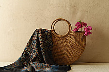 Neelanjana . नीलांजना ~ Ajrakh Block Printed - Square Modal Silk Scarf - Blue & Red