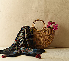 Neelanjana . नीलांजना ~ Ajrakh Block Printed - Square Modal Silk Scarf - Blue & Red