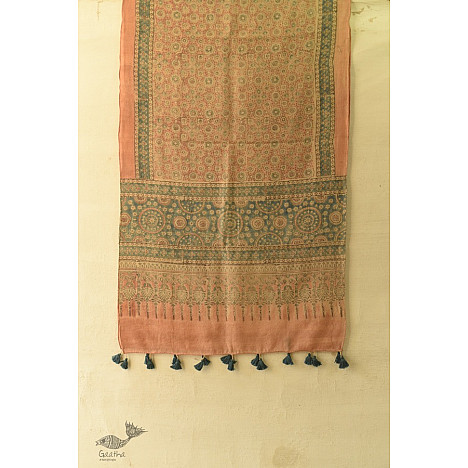 Brown - Marudhara Tagai Work Ajrakh Border Cotton Stole with Tassels