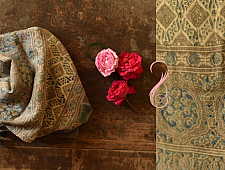 Ajrakh Block Print ~ Natural Dyed Woolen Stole - Greenish Grey