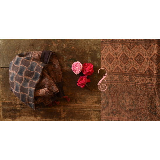 shop Ajrakh Block Print ~ Natural Color Woolen Smokey Black Stole 