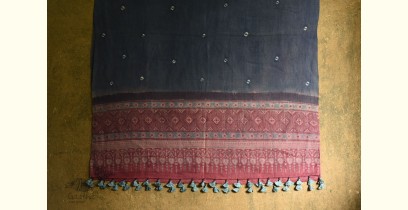 Ajrakh Print in Natural Color ~ Woolen Ajrakh Bandhani Shawl - Navy Blue