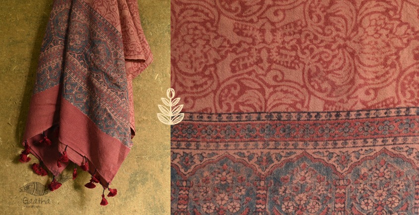 shop Ajrakh block print -  Woolen Brick Red shawl 