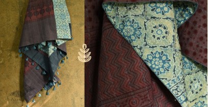 Ajrakh ~ Reversible Quilt Shawl with Kantha Stitch Shawl - Wool (Brown) + Silk (Blue)