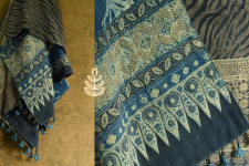 Ajrakh ~ Reversible Quilt Shawl with Kantha Stitch Shawl - Wool (Dark Brown) + Silk (Blue)