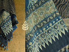 Ajrakh ~ Reversible Quilt Shawl with Kantha Stitch Shawl - Wool (Dark Brown) + Silk (Blue)