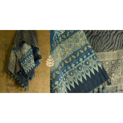 Ajrakh ~ Reversible Quilt Shawl with Kantha Stitch Shawl - Wool (Dark Brown) + Silk (Blue)