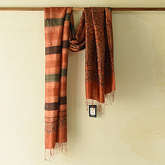 Ajrakh Mulberry Silk Dupatta | Natural dyed - Brown Stripes 