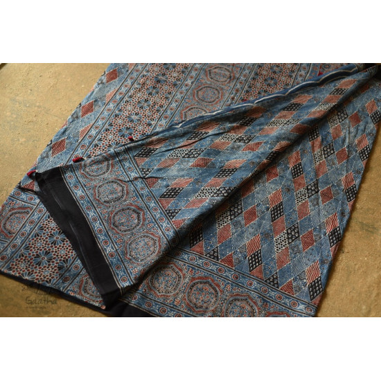 shop Ajrakh Hand Block Printed - Mul Soft Cotton Saree