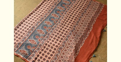 Charu . चारु | Ajrakh Hand Block Printe - Mulmul Cotton Saree - Brick Red
