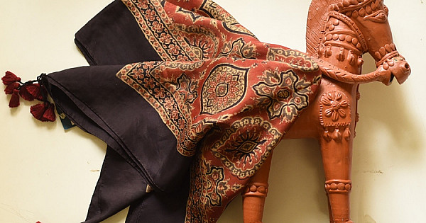 Red - Bagh Block Print Modal Silk Brooch Scarf 18