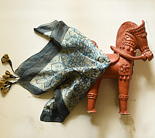 Neelanjana . नीलांजना ~ Square Ajrakh Silk Scarf - Sky Blue