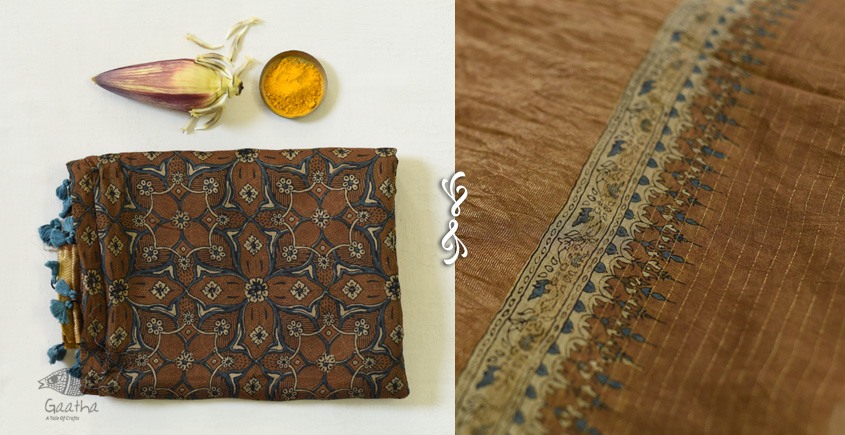  handmade ajrakh printed chiniya Silk saree