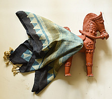 Neelanjana . नीलांजना ~ Square Ajrakh Silk Scarf - Light Blue Strips 