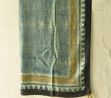 Neelanjana . नीलांजना ~ Square Ajrakh Silk Scarf - Light Blue Strips 