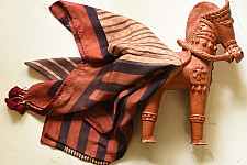 Neelanjana . नीलांजना ~ Square Ajrakh Silk Scarf - Brown & Red Strips