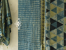 Ajrakh Block Printed Mulberry Silk Dupatta - Blue