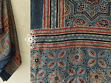 Blue & Red Ajrakh Block Printed Mulberry Silk Dupatta