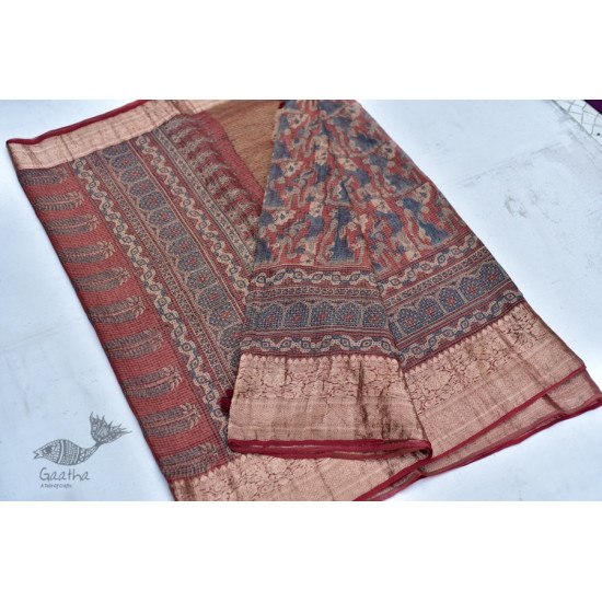 Organza ajrakh printed saree with zari border