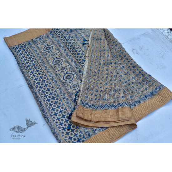 Organza ajrakh printed saree with zari border